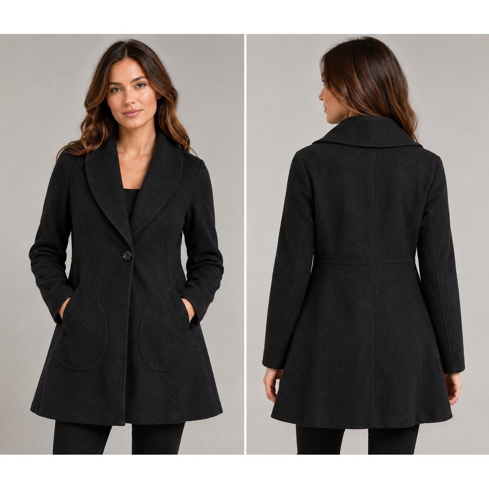 J. Jill Black 100% Wool Coat Size Small Shawl Collar A-Line Swing Jacket Pockets